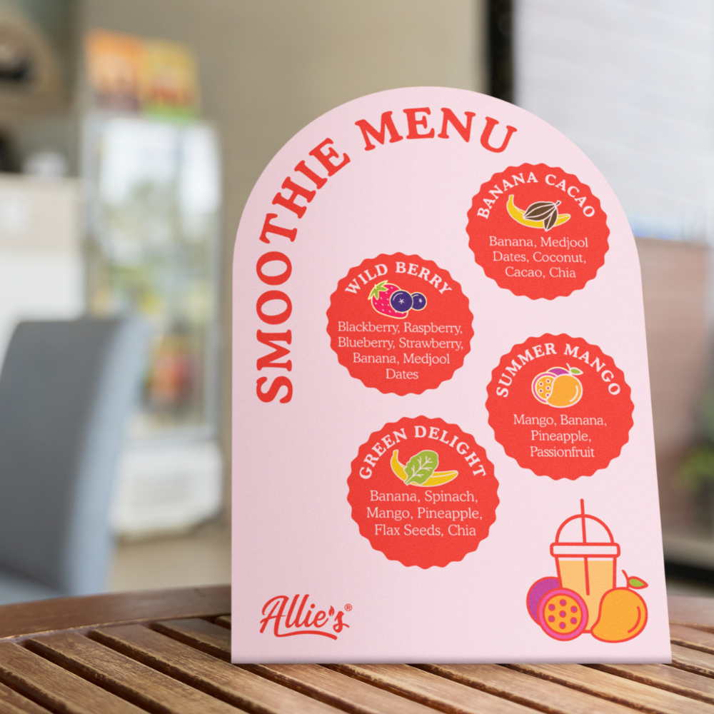 Allie's Ready To Blend Smoothies - Menu Strut Card (Customisable) *FREE ON REQUEST - CONTACT US*