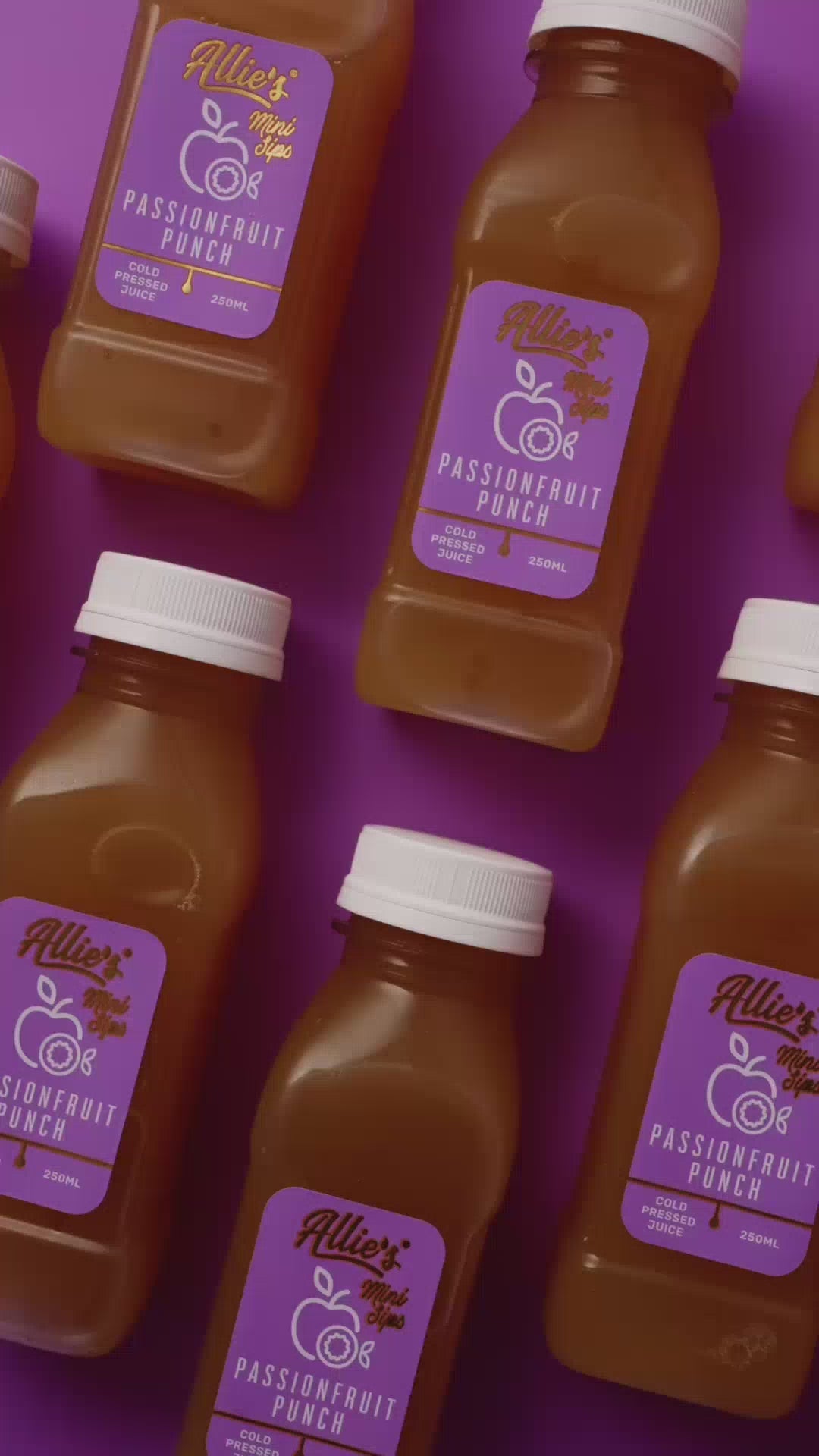 Load video: Allie&#39;s Passionfruit Punch 250mL (8 Pack) Cold Pressed Juice