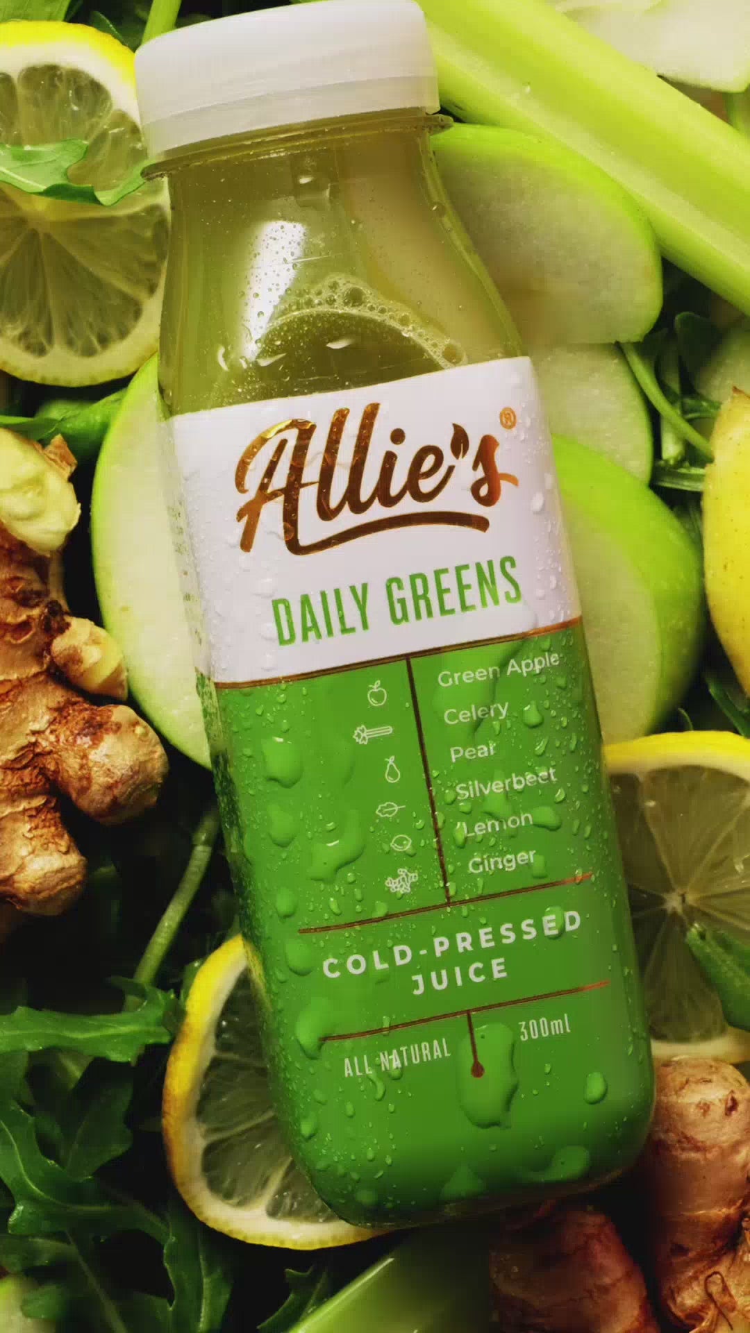 Load video: Allie&#39;s Daily Greens 300mL (8 Pack) Cold Pressed Juice